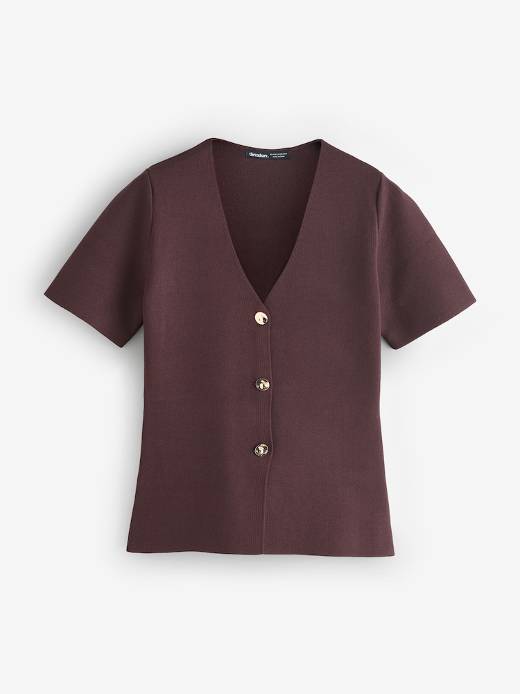 Threadbare Brown V-Neck Compact Knitted Top - Image 1 of 1