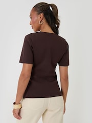 Threadbare Brown V-Neck Compact Knitted Top - Image 2 of 6
