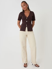 Threadbare Brown V-Neck Compact Knitted Top - Image 3 of 6