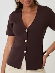 Threadbare Brown V-Neck Compact Knitted Top - Image 5 of 6