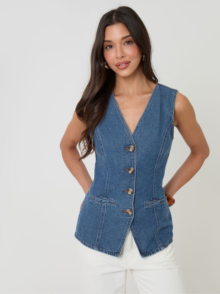 Threadbare Blue Denim Longline V-Neck Waistcoat - Image 1 of 4