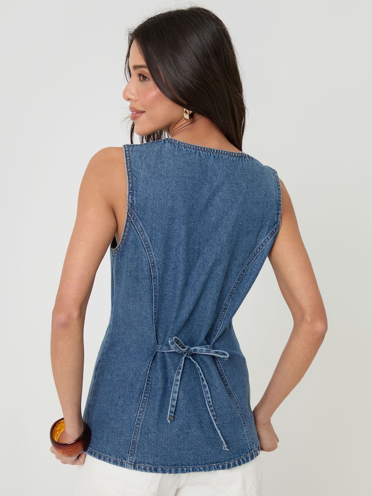 Threadbare Blue Denim Longline V-Neck Waistcoat - Image 2 of 4