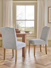 Set of 2 Chenille Stripe Slate Blue Oak Effect Leg Malvern Non Buttoned Dining Chairs - Image 1 of 7