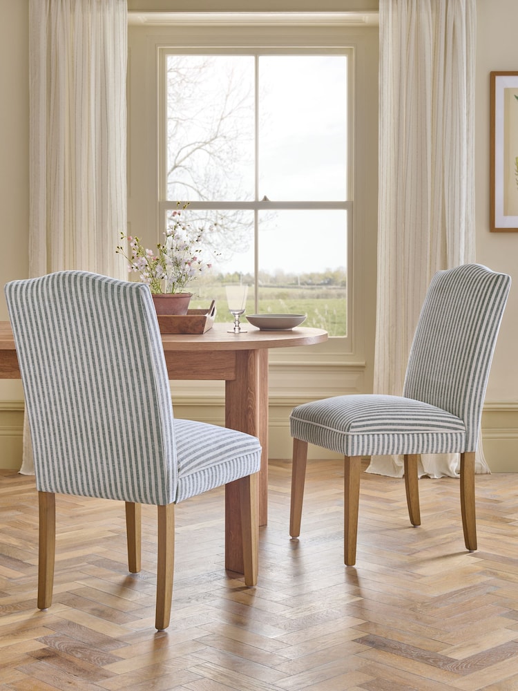 Set of 2 Chenille Stripe Slate Blue Oak Effect Leg Malvern Non Buttoned Dining Chairs - Image 1 of 7 Set of 2 Chenille Stripe Slate Blue Oak Effect Leg Malvern Non Buttoned Dining Chairs - Image 1 of 7