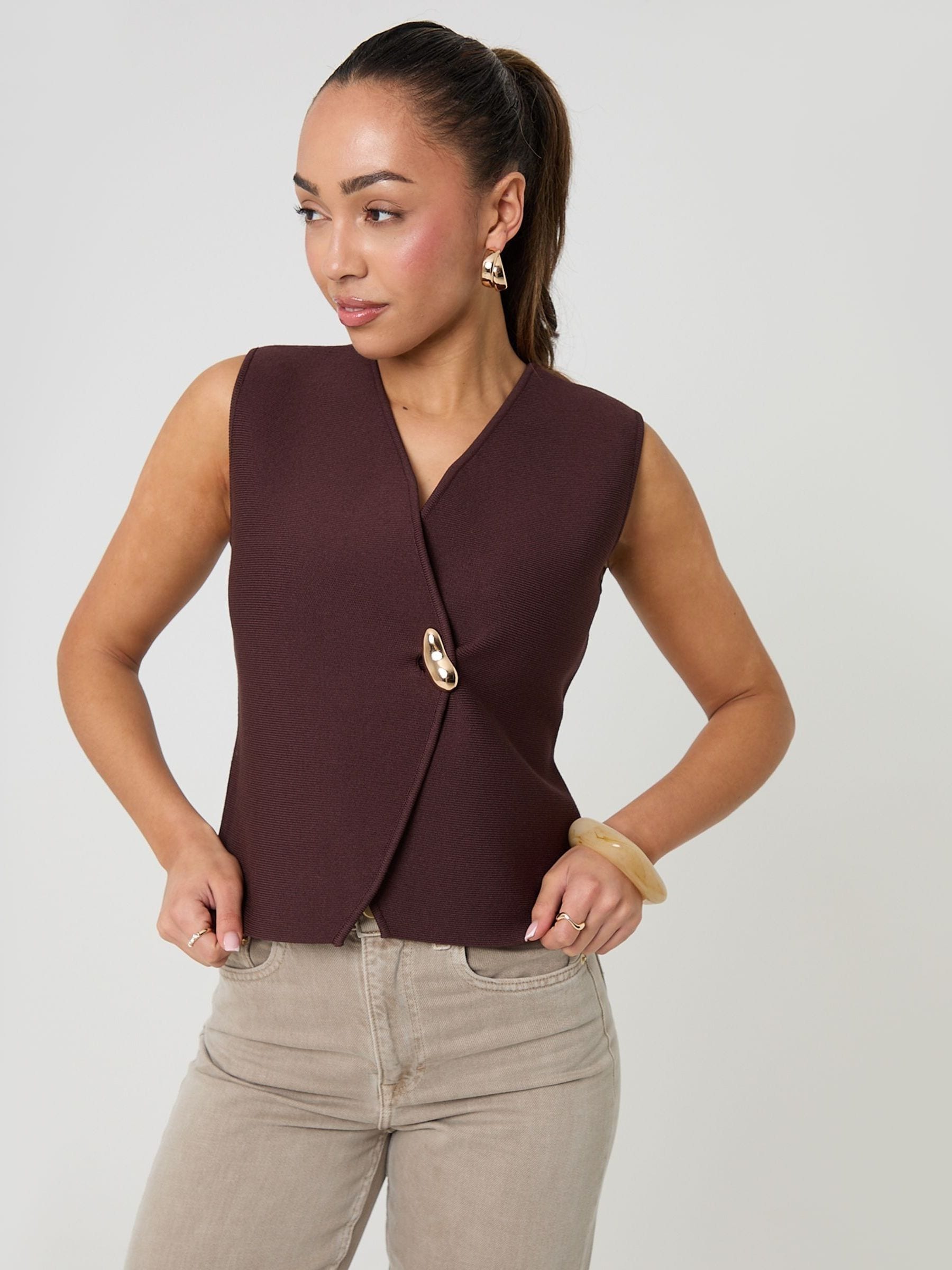 Buy Threadbare Brown V-Neck Knitted Wrap Waistcoat from Next USA