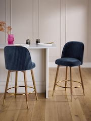 Opulent Chenille Dark Blue Dark Wood Leg Valencia Bar Stool - Image 1 of 7