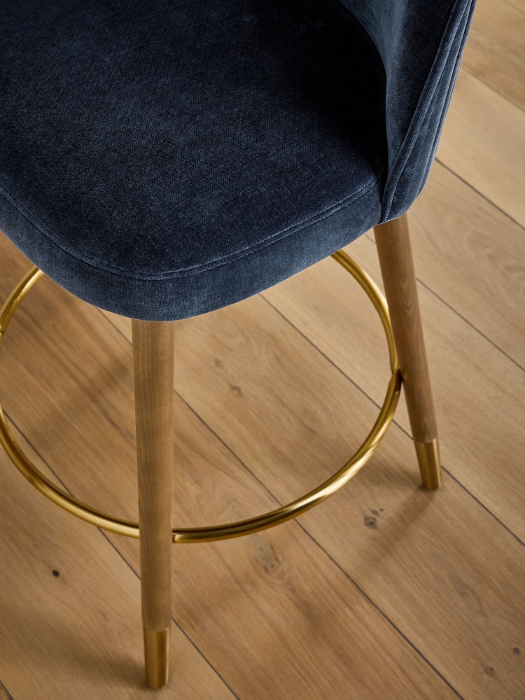 Opulent Chenille Dark Blue Dark Wood Leg Valencia Bar Stool - Image 7 of 7 Opulent Chenille Dark Blue Dark Wood Leg Valencia Bar Stool - Image 7 of 7