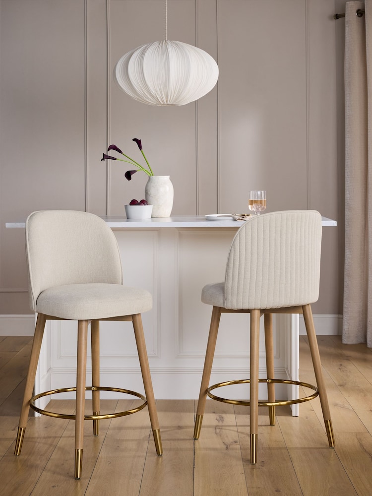 Relaxed Linen Look Pebble Light Wood Leg Valencia Bar Stool - Image 1 of 9