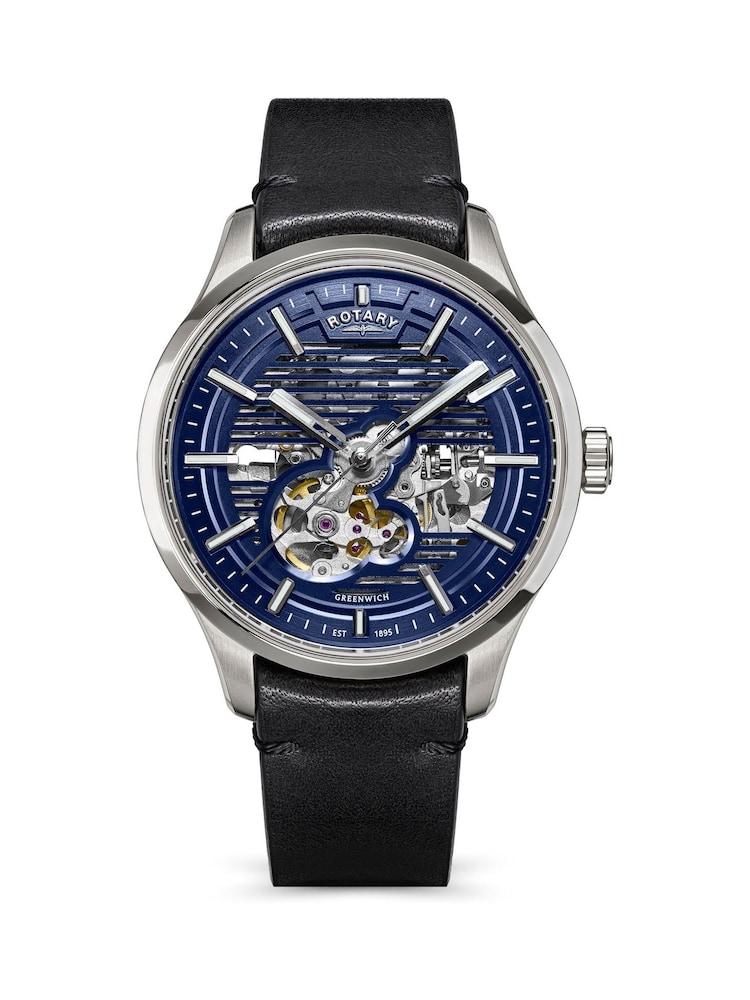 Rotary Black Greenwich Skeleton Automatic Water Resistance Stainless Steel Black Leather Strap Watch - Image 1 of 5 Rotary Black Greenwich Skeleton Automatic Water Resistance Stainless Steel Black Leather Strap Watch - Image 1 of 5