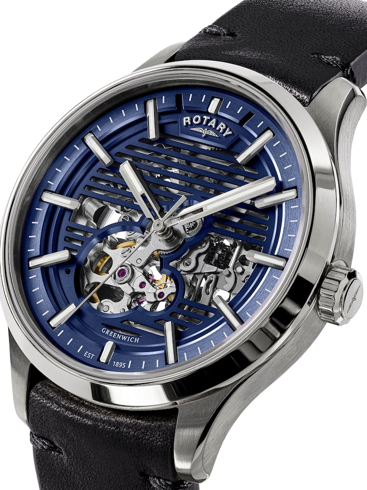 Rotary Black Greenwich Skeleton Automatic Water Resistance Stainless Steel Black Leather Strap Watch - Image 2 of 5 Rotary Black Greenwich Skeleton Automatic Water Resistance Stainless Steel Black Leather Strap Watch - Image 2 of 5