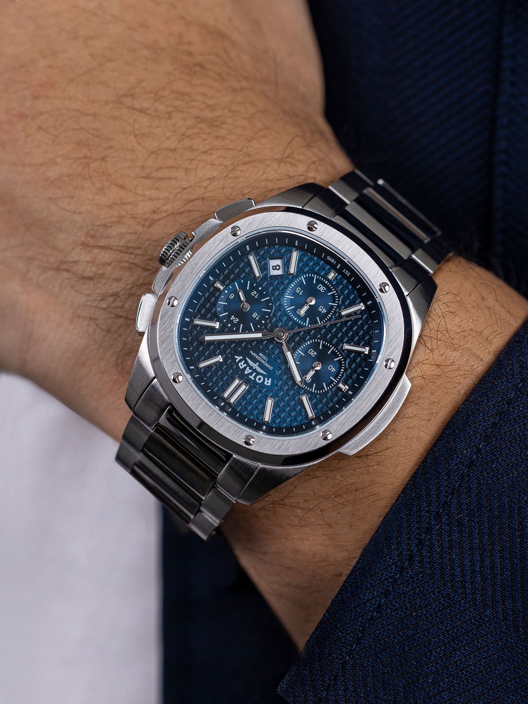 Rotary Apex 100 Men's Chronograph Blue Dial Stainless Steel Bracelet Watch - Image 5