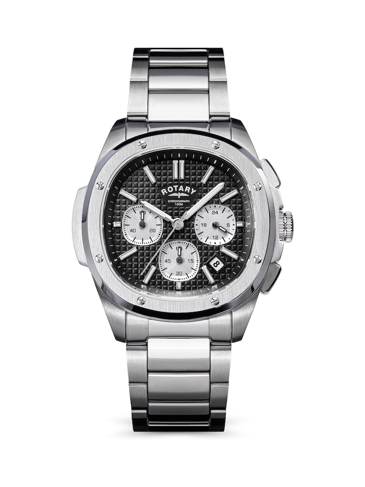 Rotary Silver Tone Apex 100 Chronograph Black Dial Stainless Steel Tone Bracelet Watch - Image 1 of 5