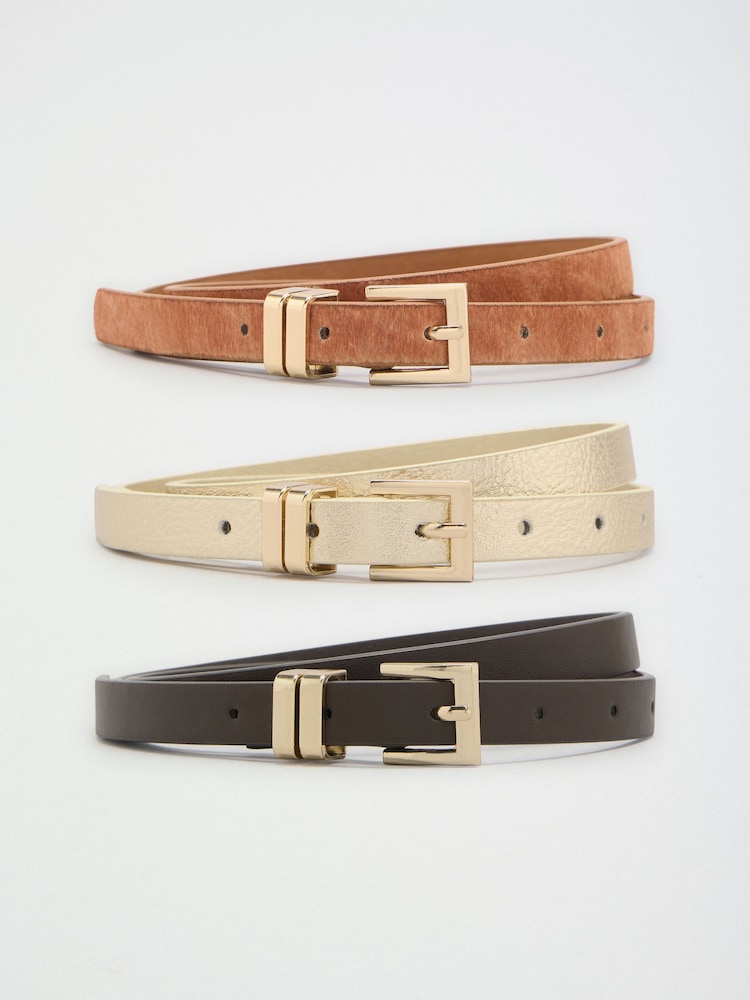 Choc, Animal and Gold Skinny Belts 3 Pack - Image 1 of 6 Choc, Animal and Gold Skinny Belts 3 Pack - Image 1 of 6