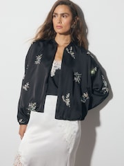 Black Satin Bomber Jacket Cover-Up - Image 1 of 10