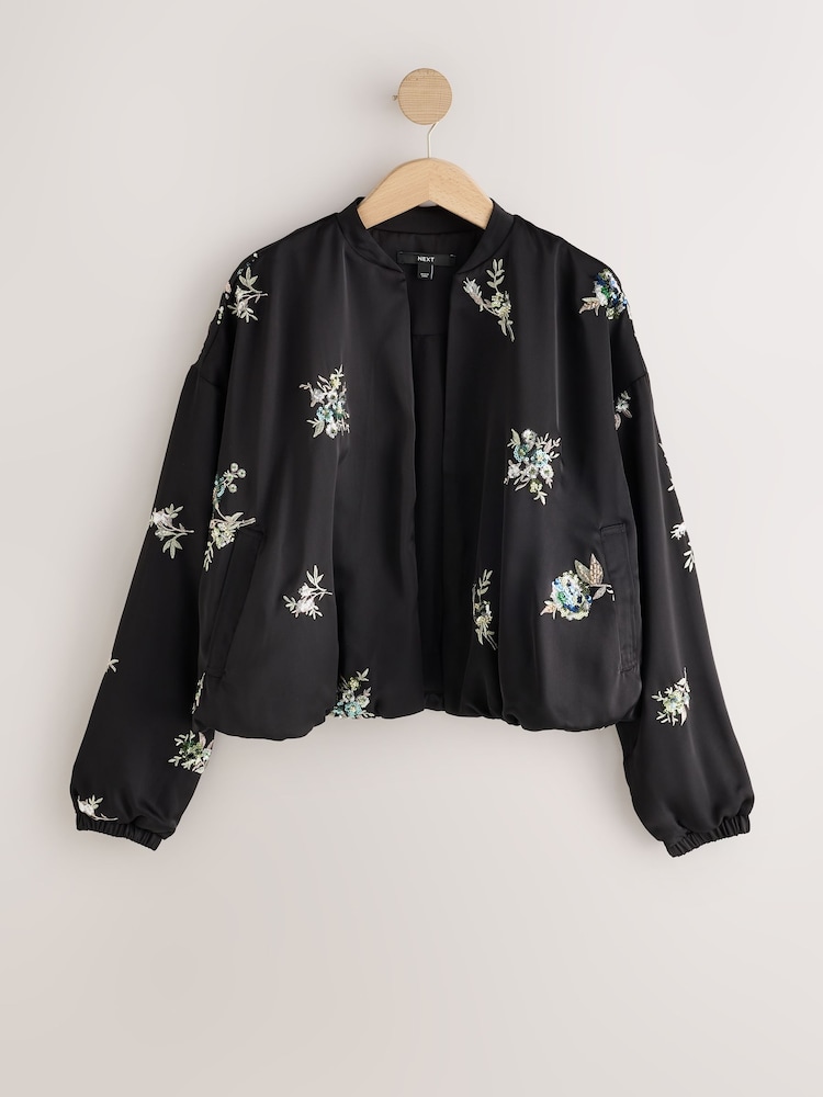 Black Satin Bomber Jacket Cover-Up - Image 1 of 10