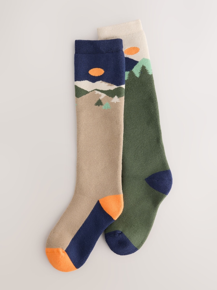 Multi Mountain Scene Welly Socks 2 Pack - Image 1 of 3 Multi Mountain Scene Welly Socks 2 Pack - Image 1 of 3