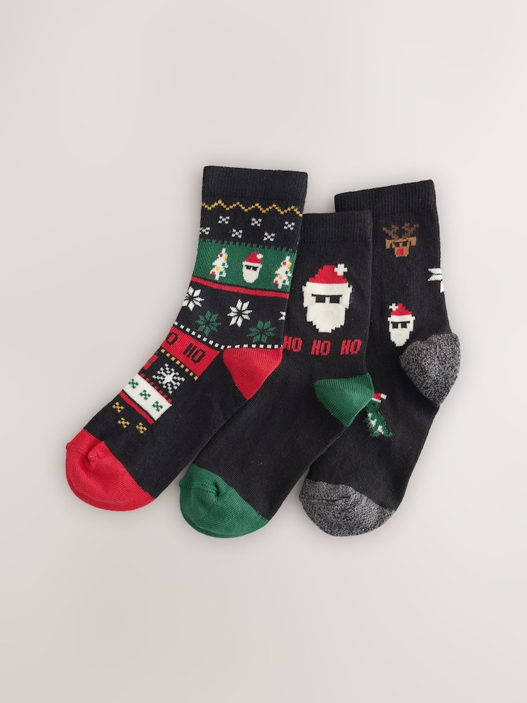 Black/Green Pixel Cotton Rich Christmas Socks 3 Pack - Image 1 of 3