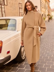 Love & Roses Camel Beige Funnel Neck Balloon Sleeve Faux Wool Coat - Image 1 of 5