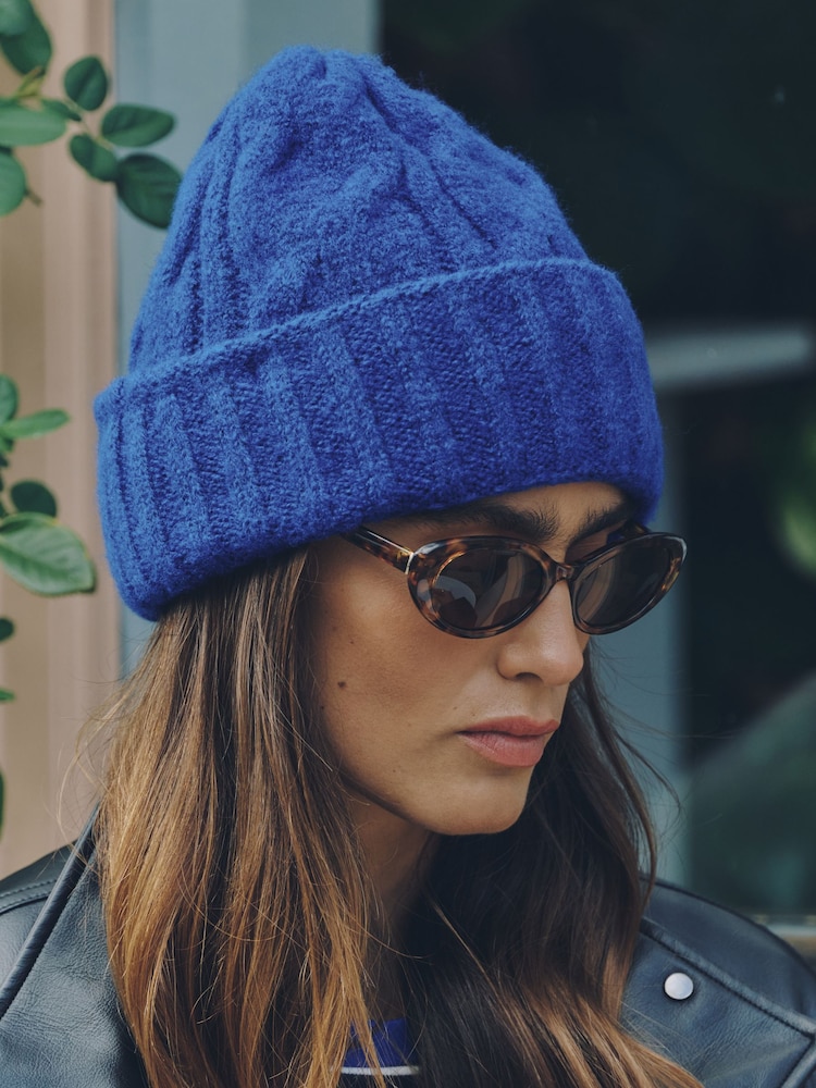 Cobalt Blue Cable Knitted Beanie Hat - Image 2 of 5 Cobalt Blue Cable Knitted Beanie Hat - Image 2 of 5