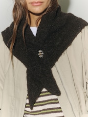 Chocolate/Brown Pointelle Heavyweight  Knitted Triangle Scarf - Image 5 of 6