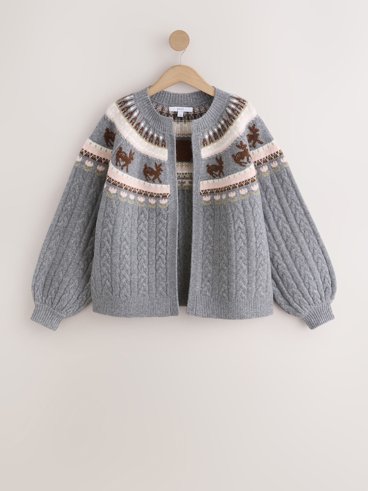 Grey Fairisle Deer Print - Cardigã para sair por cima - Imagem 1 de 3