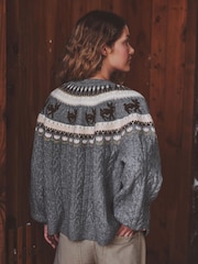 Grey Fairisle Deer Print - Strickjacken-Überwurf - Bild 5 von 9