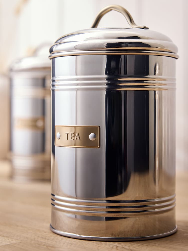 Set of 3 Silver & Gold Stainless Steel Tea , Coffee & Sugar Canisters - Image 1 of 5 Set of 3 Silver & Gold Stainless Steel Tea , Coffee & Sugar Canisters - Image 1 of 5