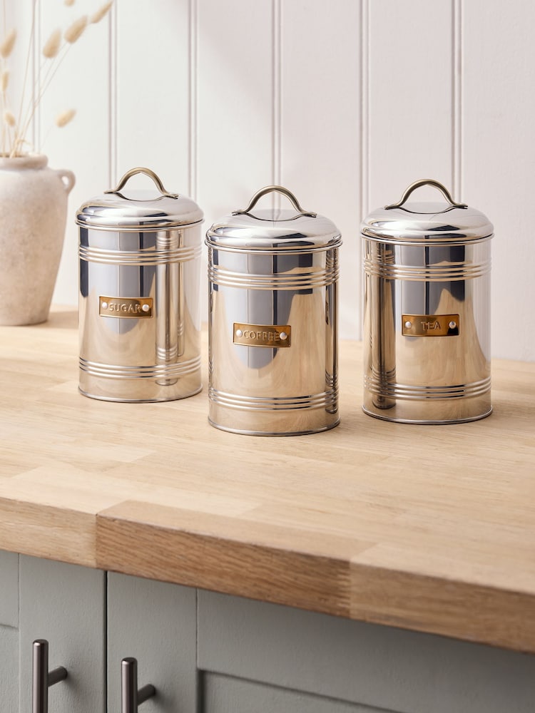 Set of 3 Silver & Gold Stainless Steel Tea , Coffee & Sugar Canisters - Image 2 of 5 Set of 3 Silver & Gold Stainless Steel Tea , Coffee & Sugar Canisters - Image 2 of 5