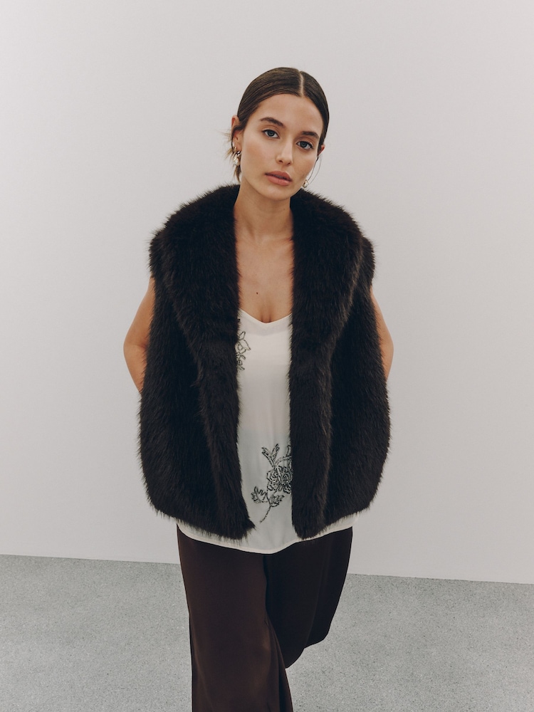 Brown Faux Fur Gilet Cover-Up - Image 1 of 7