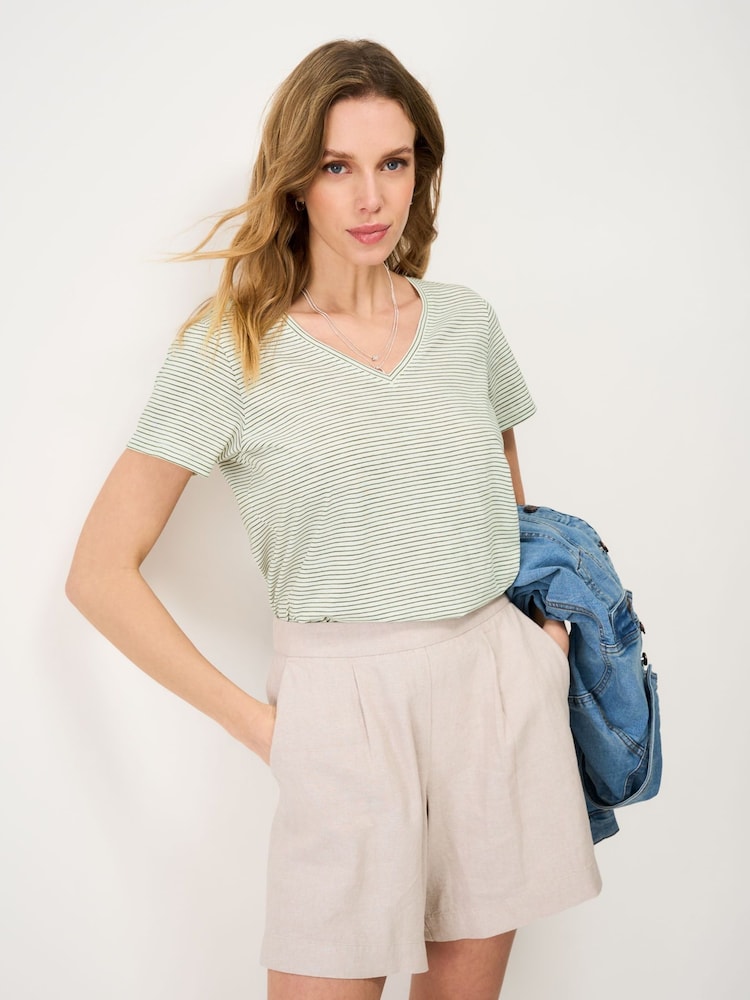 Crew Clothing Green Perfect V-Neck Slub Stripe T-Shirt - Image 1 of 5 Crew Clothing Green Perfect V-Neck Slub Stripe T-Shirt - Image 1 of 5