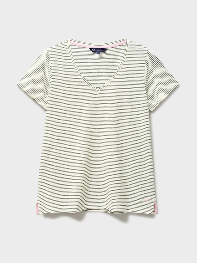 Crew Clothing Green Perfect V-Neck Slub Stripe T-Shirt - Image 5 of 5 Crew Clothing Green Perfect V-Neck Slub Stripe T-Shirt - Image 5 of 5