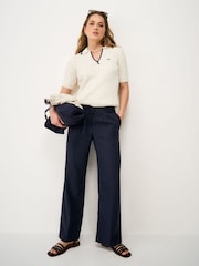 Crew Clothing Dark Blue Linen Blend Wide Leg Trousers - Image 1 of 5