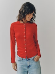 Roșu - Long Sleeve Ribbed Button Up Cardigan - Imaginea 1 din 8