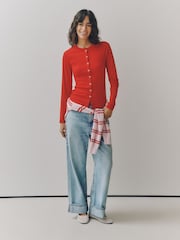 Roșu - Long Sleeve Ribbed Button Up Cardigan - Imaginea 2 din 8