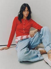 Roșu - Long Sleeve Ribbed Button Up Cardigan - Imaginea 3 din 8