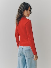 Roșu - Long Sleeve Ribbed Button Up Cardigan - Imaginea 4 din 8
