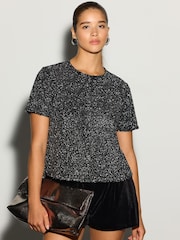 Black Short Sleeved Sequin Top - Image 1 of 8