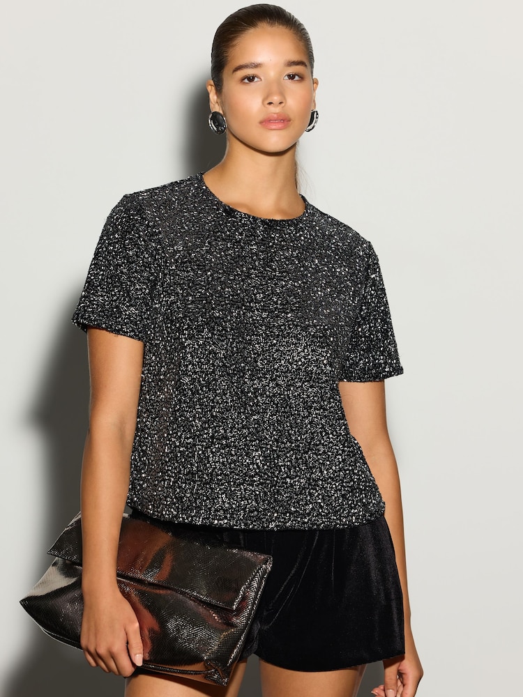 Black Short Sleeved Sequin Top - Image 1 of 8 Black Short Sleeved Sequin Top - Image 1 of 8