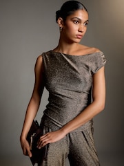 Gold Metallic Sleeveless Drape Top - Image 1 of 7