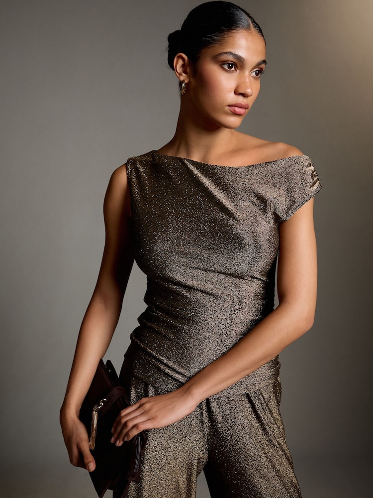 Gold Metallic Sleeveless Drape Top - Image 1 of 7 Gold Metallic Sleeveless Drape Top - Image 1 of 7