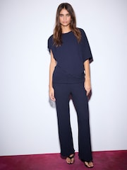 Navy Wide Leg Textured Trousers - Image 1 of 6