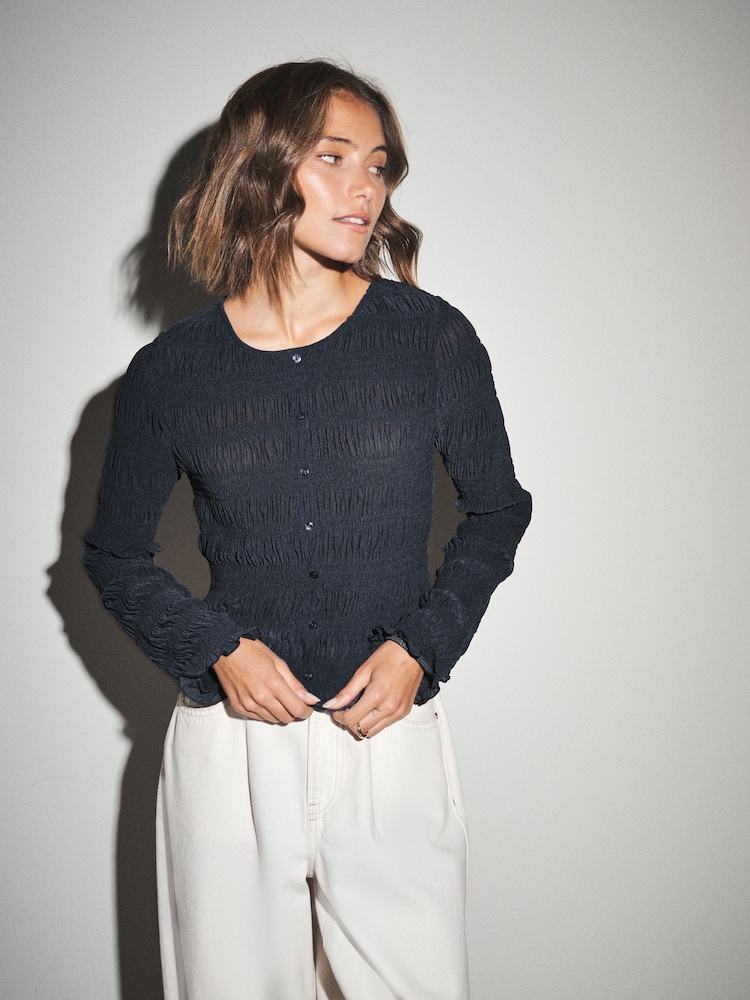 Slate Blue Long Sleeved Shirred Button Top - Image 1 of 7 Slate Blue Long Sleeved Shirred Button Top - Image 1 of 7