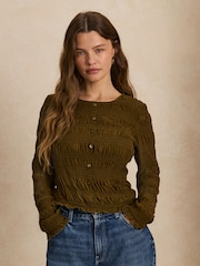 Khaki Green Long Sleeved Shirred Button Top - Image 1 of 8