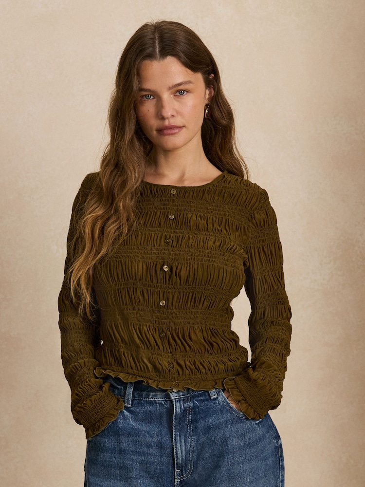 Khaki Green Long Sleeved Shirred Button Top - Image 1 of 8 Khaki Green Long Sleeved Shirred Button Top - Image 1 of 8