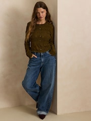 Khaki Green Long Sleeved Shirred Button Top - Image 2 of 8