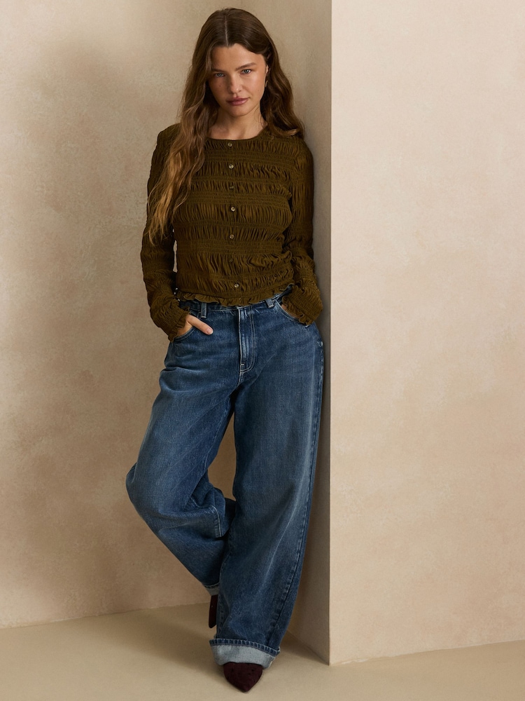 Khaki Green Long Sleeved Shirred Button Top - Image 2 of 8 Khaki Green Long Sleeved Shirred Button Top - Image 2 of 8