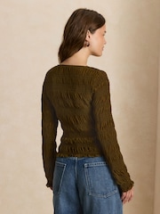 Khaki Green Long Sleeved Shirred Button Top - Image 3 of 8