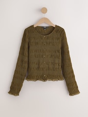 Khaki Green Long Sleeved Shirred Button Top - Image 6 of 8
