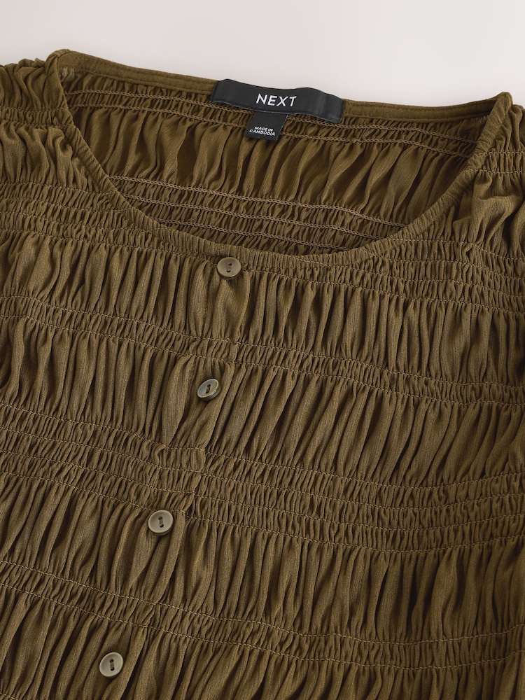 Khaki Green Long Sleeved Shirred Button Top - Image 8 of 8 Khaki Green Long Sleeved Shirred Button Top - Image 8 of 8