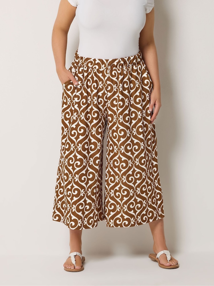 Yours Curve Brown Abstract Plisse Cropped Trousers - Image 1 of 5